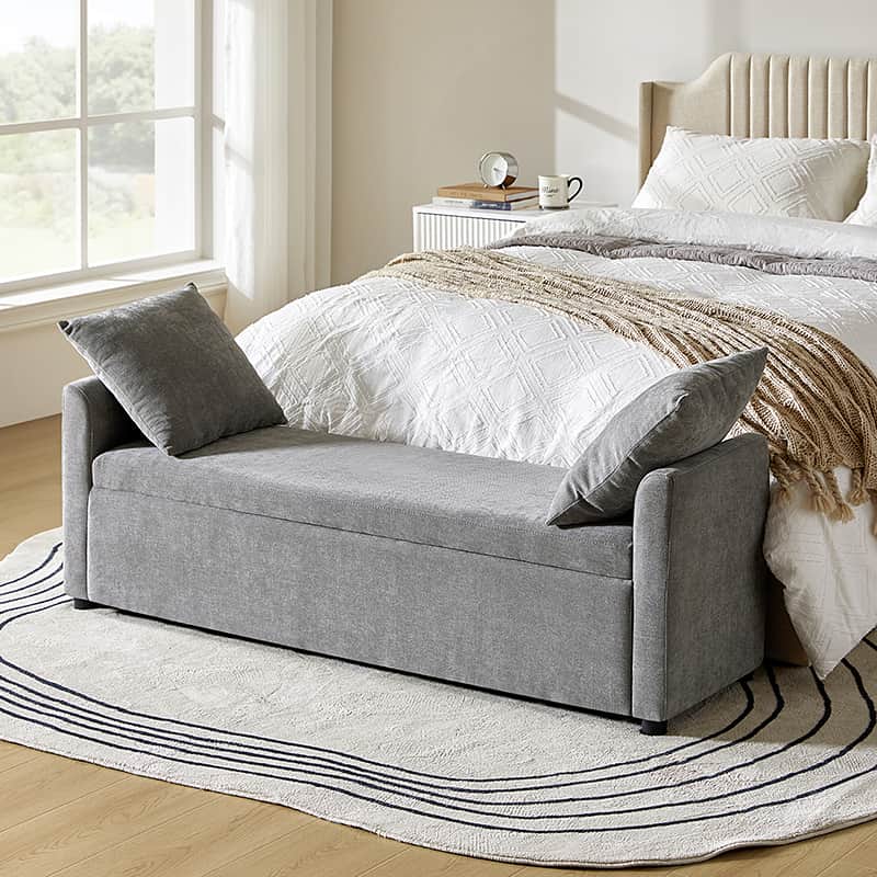 Banc de rangement capitonné avec 2 oreillers décoratifs, accoudoirs et pieds en plastique noir | Beige / Bleu marine / Sarcelle / Lin / Gris / Anthracite / Taupe / Marron | Simple