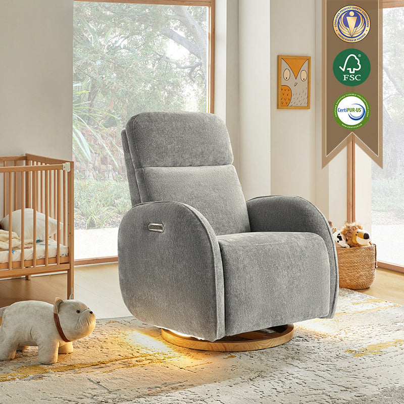 Fauteuil inclinable pivotant électrique pour chambre d'enfant avec appuie-tête et support lombaire motorisés, fonction bascule, veilleuse et ports USB/Type-C | Ivoire / Gris / Rose / Noir | Siège unique