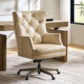 Fauteuil de bureau capitonné à dossier haut en cuir véritable avec hauteur réglable, inclinaison verrouillable et base en bronze antique | Beige / Camel | Siège unique