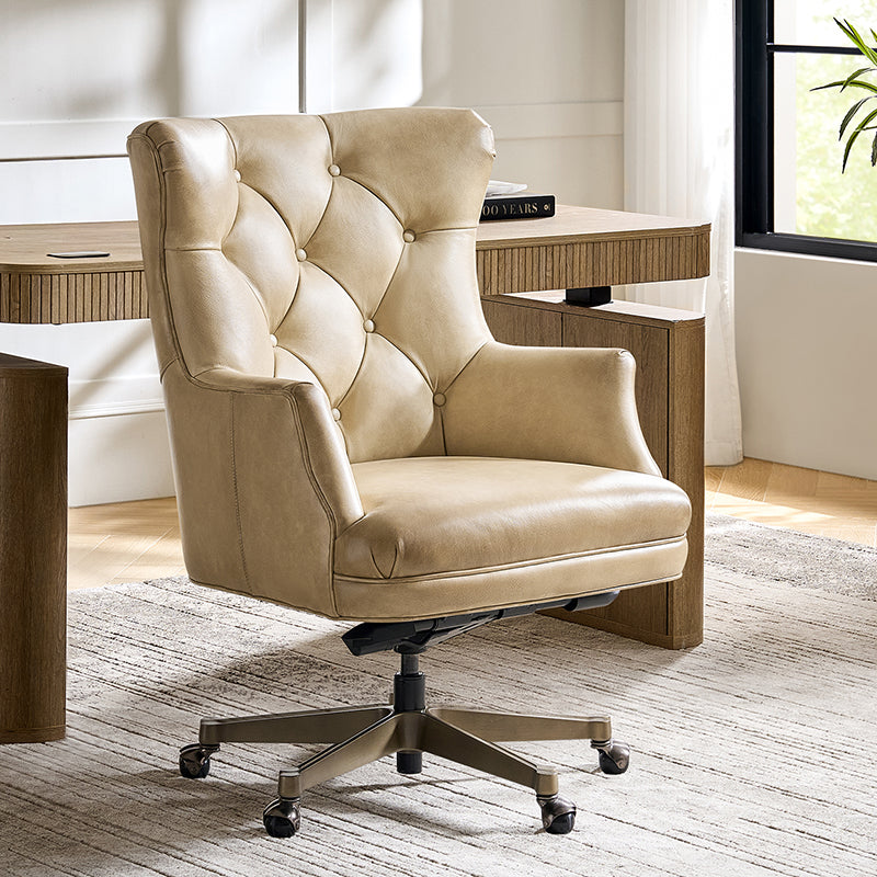 Fauteuil de bureau capitonné à dossier haut en cuir véritable avec hauteur réglable, inclinaison verrouillable et base en bronze antique | Beige / Camel | Siège unique