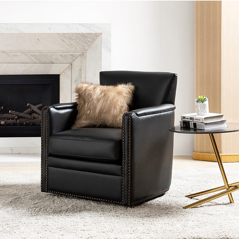 Fauteuil pivotant à 360° en cuir véritable avec clous décoratifs, accoudoirs encastrés et pieds noirs | Chocolat / Marron / Camel / Noir / Bleu marine | Une place