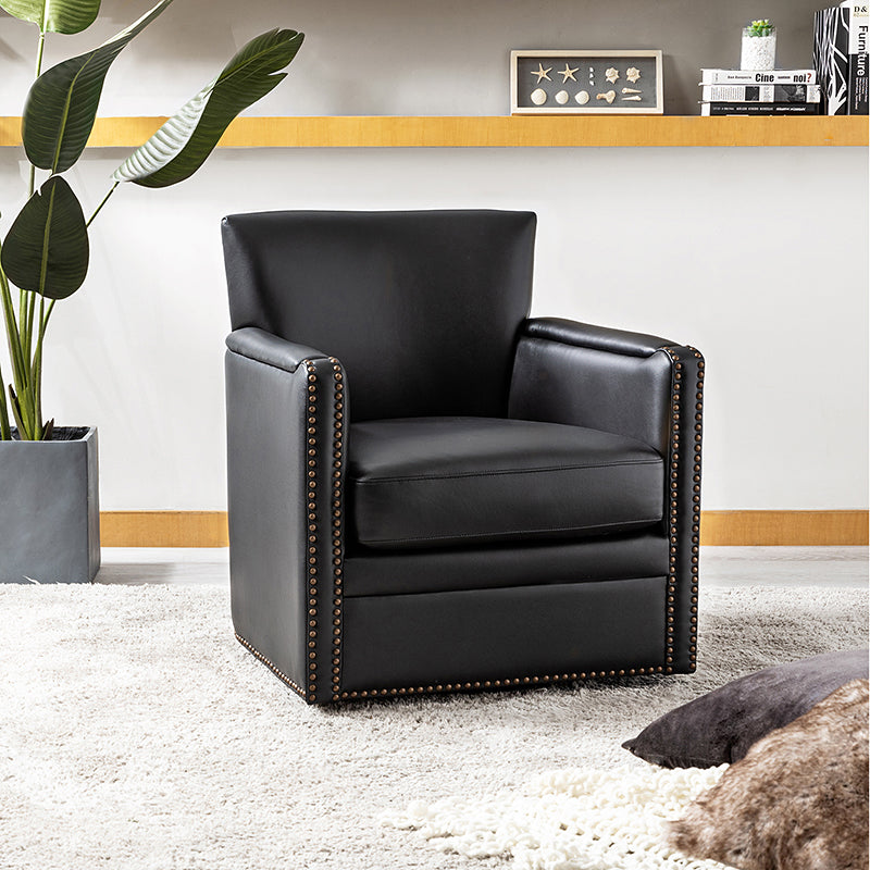 Fauteuil pivotant à 360° en cuir véritable avec clous décoratifs, accoudoirs encastrés et pieds noirs | Chocolat / Marron / Camel / Noir / Bleu marine | Une place