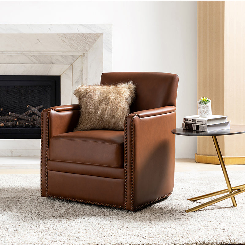 Fauteuil pivotant à 360° en cuir véritable avec clous décoratifs, accoudoirs encastrés et pieds noirs | Chocolat / Marron / Camel / Noir / Bleu marine | Une place