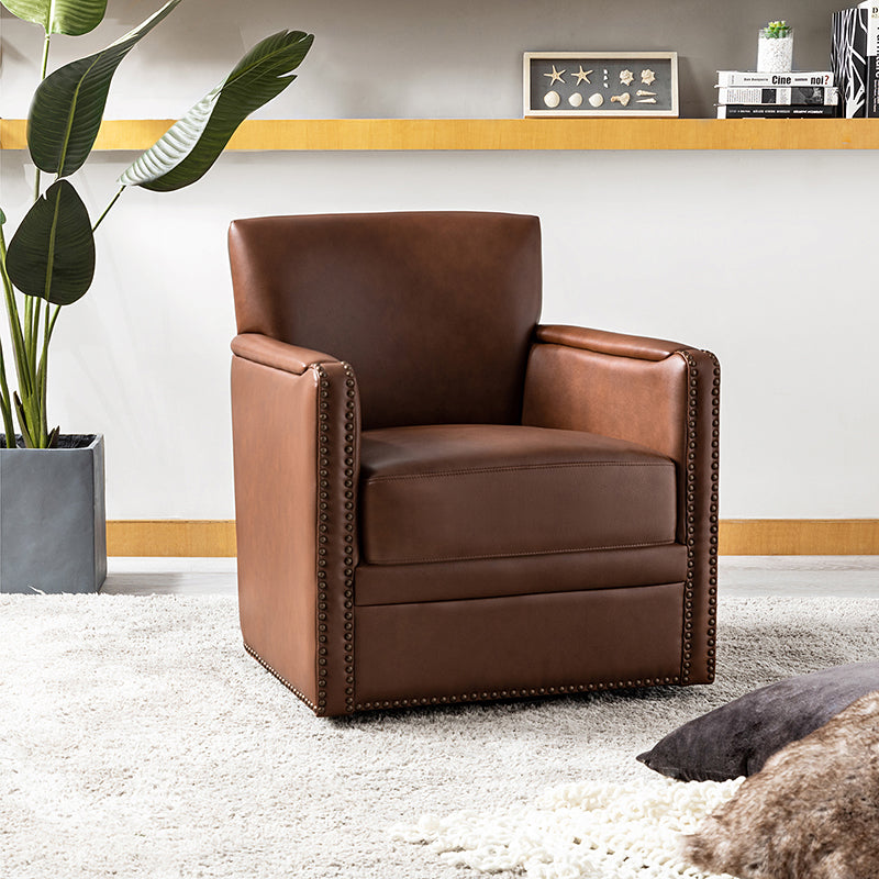 Fauteuil pivotant à 360° en cuir véritable avec clous décoratifs, accoudoirs encastrés et pieds noirs | Chocolat / Marron / Camel / Noir / Bleu marine | Une place