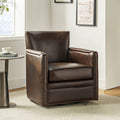 Fauteuil pivotant à 360° en cuir véritable avec clous décoratifs, accoudoirs encastrés et pieds noirs | Chocolat / Marron / Camel / Noir / Bleu marine | Une place