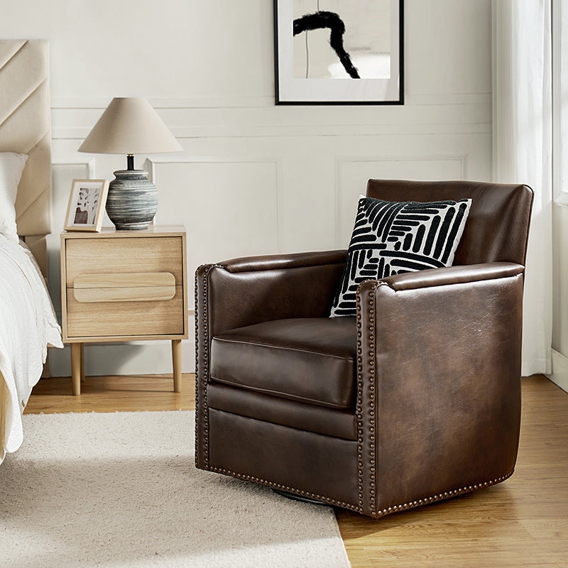 Fauteuil pivotant à 360° en cuir véritable avec clous décoratifs, accoudoirs encastrés et pieds noirs | Chocolat / Marron / Camel / Noir / Bleu marine | Une place