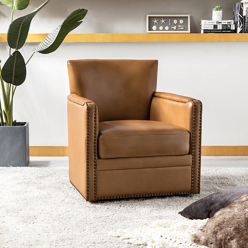 Fauteuil pivotant à 360° en cuir véritable avec clous décoratifs, accoudoirs encastrés et pieds noirs | Chocolat / Marron / Camel / Noir / Bleu marine | Une place