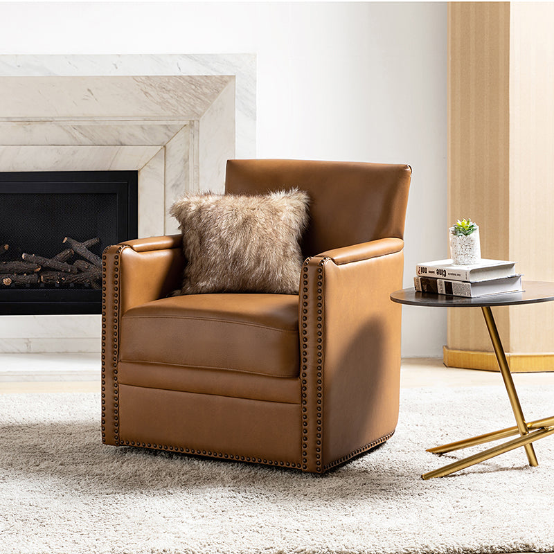 Fauteuil pivotant à 360° en cuir véritable avec clous décoratifs, accoudoirs encastrés et pieds noirs | Chocolat / Marron / Camel / Noir / Bleu marine | Une place