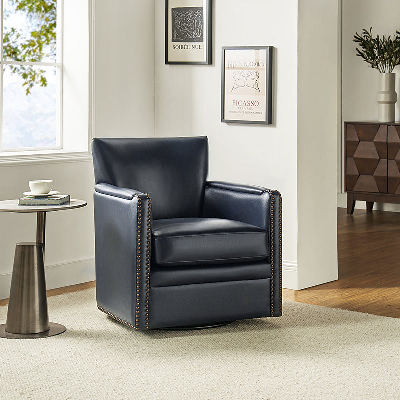 Fauteuil pivotant à 360° en cuir véritable avec clous décoratifs, accoudoirs encastrés et pieds noirs | Chocolat / Marron / Camel / Noir / Bleu marine | Une place