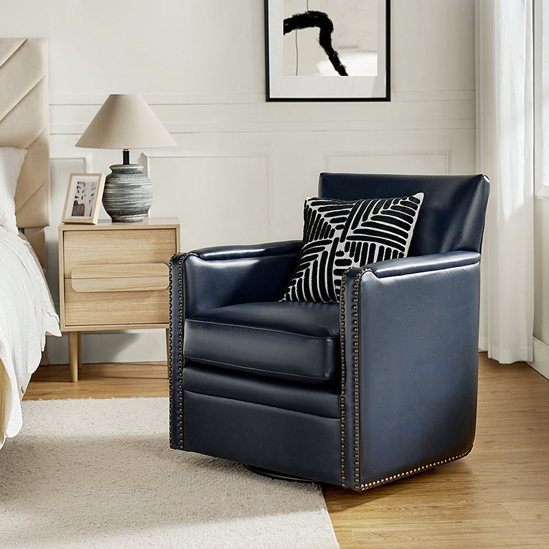 Fauteuil pivotant à 360° en cuir véritable avec clous décoratifs, accoudoirs encastrés et pieds noirs | Chocolat / Marron / Camel / Noir / Bleu marine | Une place