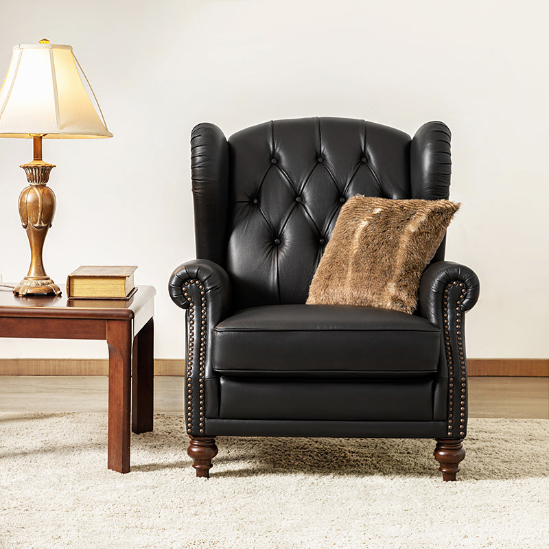 Fauteuil à oreilles en cuir véritable avec capitonnage en losanges et clous décoratifs | Bleu marine / Marron / Bordeaux / Noir | Monoplace