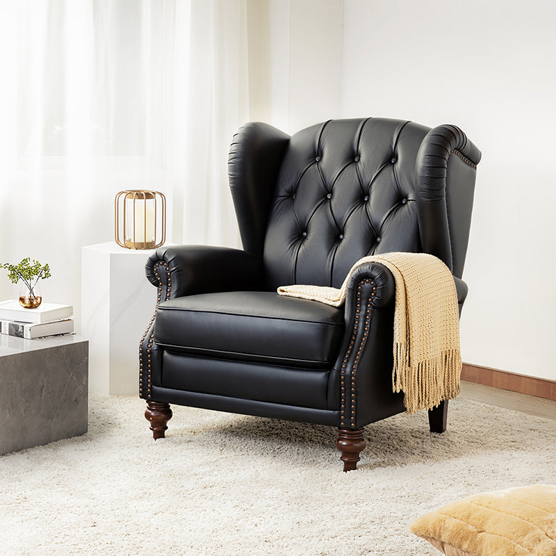 Fauteuil à oreilles en cuir véritable avec capitonnage en losanges et clous décoratifs | Bleu marine / Marron / Bordeaux / Noir | Monoplace