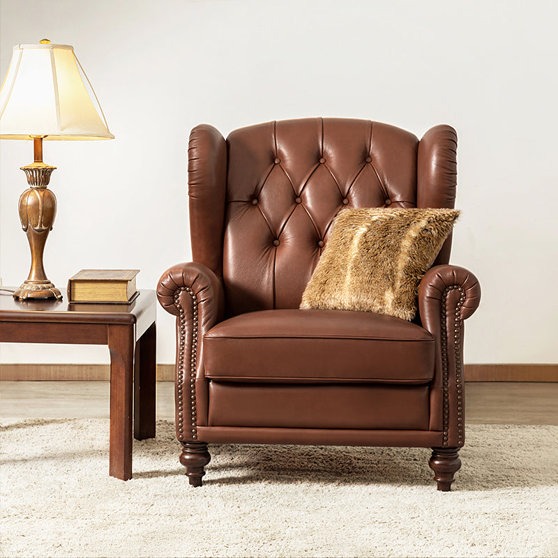 Fauteuil à oreilles en cuir véritable avec capitonnage en losanges et clous décoratifs | Bleu marine / Marron / Bordeaux / Noir | Monoplace