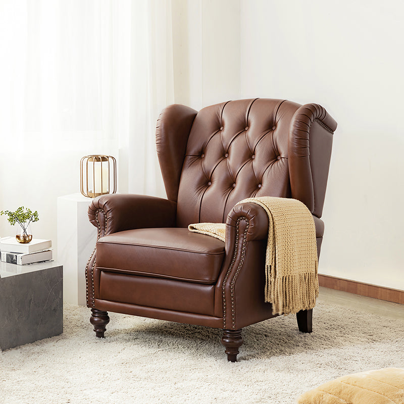 Fauteuil à oreilles en cuir véritable avec capitonnage en losanges et clous décoratifs | Bleu marine / Marron / Bordeaux / Noir | Monoplace