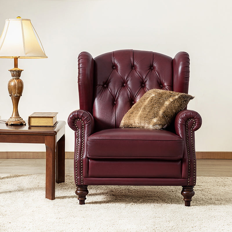 Fauteuil à oreilles en cuir véritable avec capitonnage en losanges et clous décoratifs | Bleu marine / Marron / Bordeaux / Noir | Monoplace