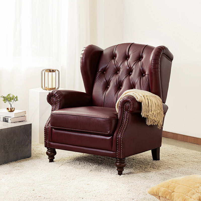 Fauteuil à oreilles en cuir véritable avec capitonnage en losanges et clous décoratifs | Bleu marine / Marron / Bordeaux / Noir | Monoplace