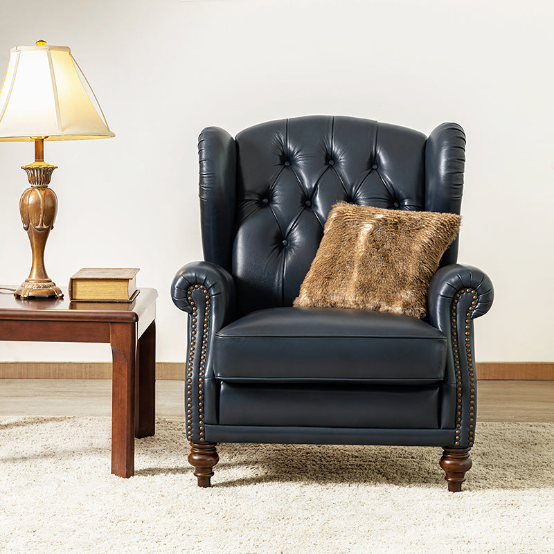 Fauteuil à oreilles en cuir véritable avec capitonnage en losanges et clous décoratifs | Bleu marine / Marron / Bordeaux / Noir | Monoplace