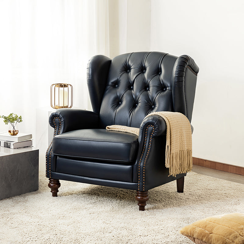Fauteuil à oreilles en cuir véritable avec capitonnage en losanges et clous décoratifs | Bleu marine / Marron / Bordeaux / Noir | Monoplace