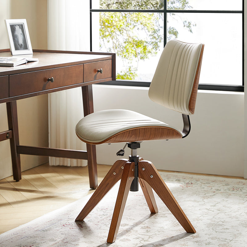Chaise de bureau capitonnée Mid-Century à dossier canalisé avec cadre en bois courbé et pivotant à 360° | Noir / Ivoire | Siège unique
