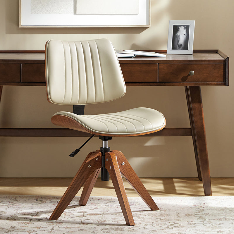 Chaise de bureau capitonnée Mid-Century à dossier canalisé avec cadre en bois courbé et pivotant à 360° | Noir / Ivoire | Siège unique