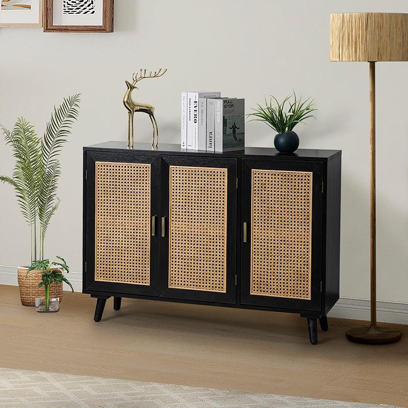Armoire d'appoint en rotin 3 portes avec 4 étagères intérieures, poignées en métal rétro et pieds en bois massif | Noyer / Noir / Espresso | Unique