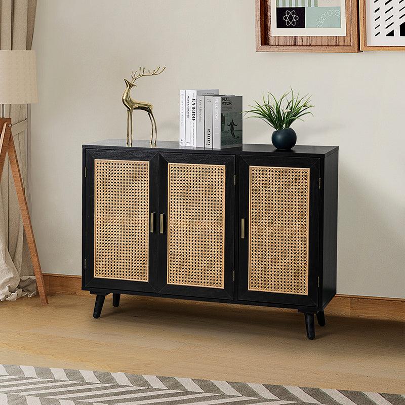 Armoire d'appoint en rotin 3 portes avec 4 étagères intérieures, poignées en métal rétro et pieds en bois massif | Noyer / Noir / Espresso | Unique