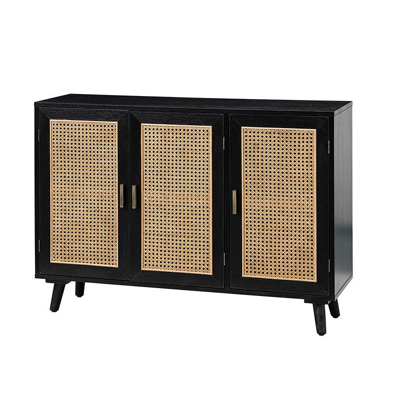 Armoire d'appoint en rotin 3 portes avec 4 étagères intérieures, poignées en métal rétro et pieds en bois massif | Noyer / Noir / Espresso | Unique