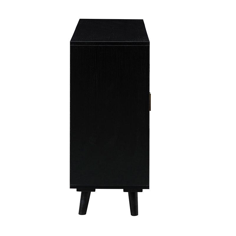 Armoire d'appoint en rotin 3 portes avec 4 étagères intérieures, poignées en métal rétro et pieds en bois massif | Noyer / Noir / Espresso | Unique