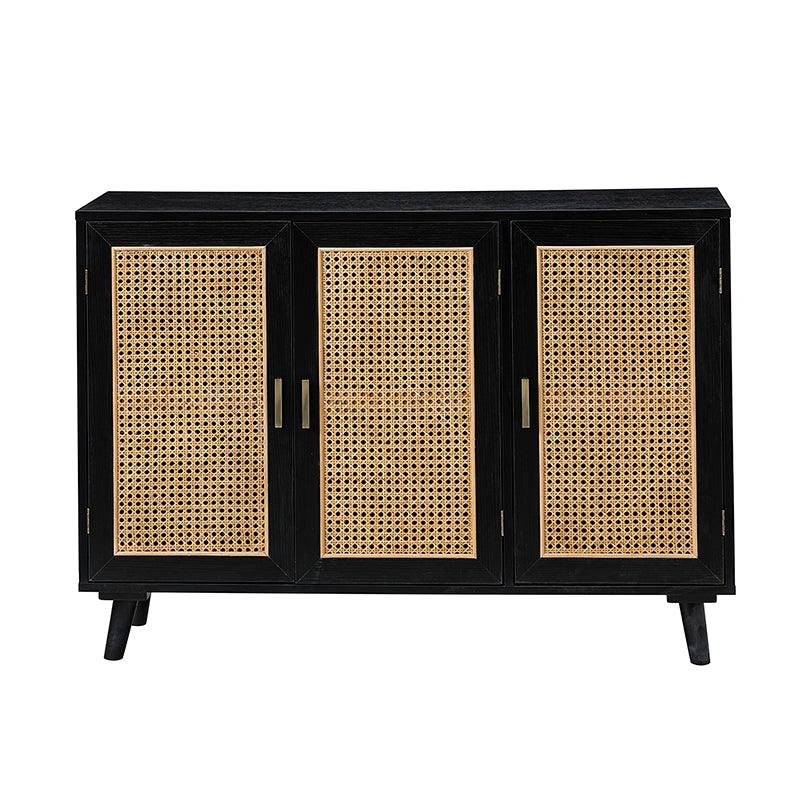 Armoire d'appoint en rotin 3 portes avec 4 étagères intérieures, poignées en métal rétro et pieds en bois massif | Noyer / Noir / Espresso | Unique