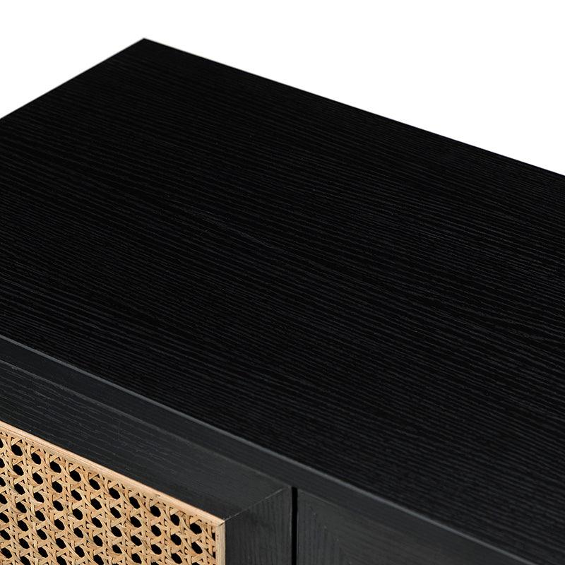 Armoire d'appoint en rotin 3 portes avec 4 étagères intérieures, poignées en métal rétro et pieds en bois massif | Noyer / Noir / Espresso | Unique