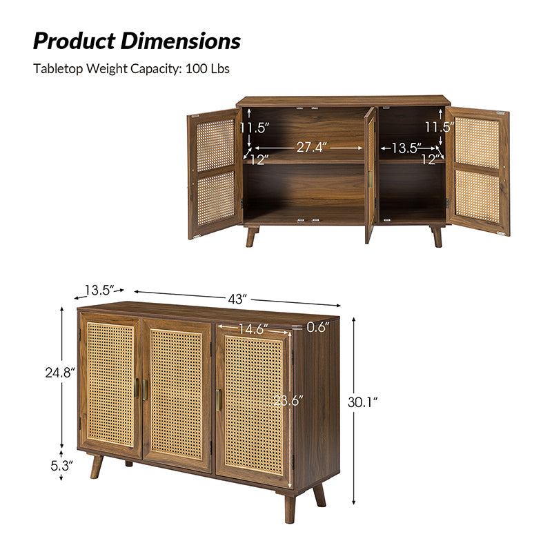 Armoire d'appoint en rotin 3 portes avec 4 étagères intérieures, poignées en métal rétro et pieds en bois massif | Noyer / Noir / Espresso | Unique