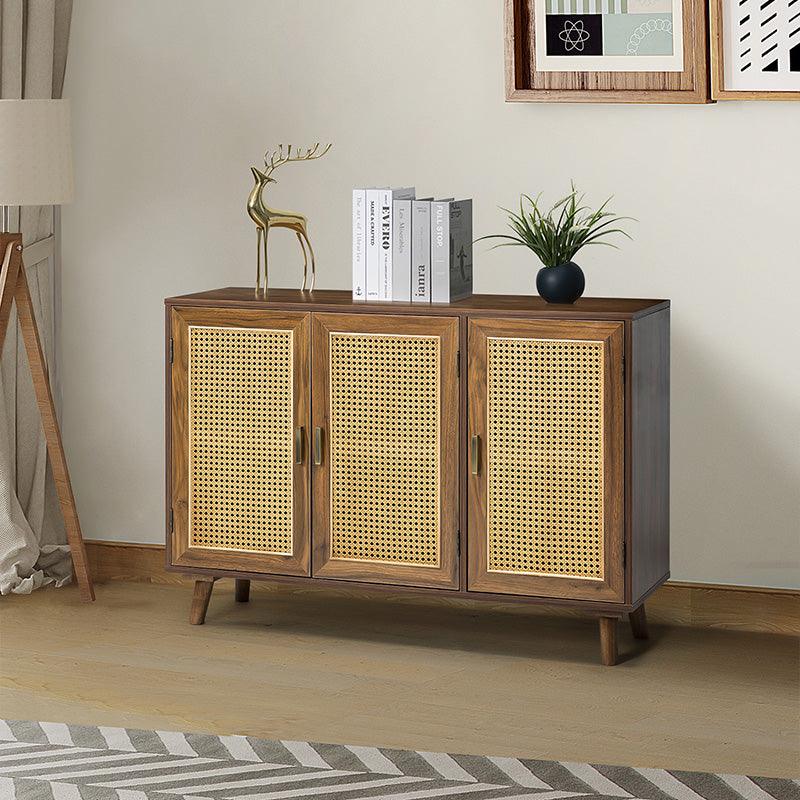 Armoire d'appoint en rotin 3 portes avec 4 étagères intérieures, poignées en métal rétro et pieds en bois massif | Noyer / Noir / Espresso | Unique