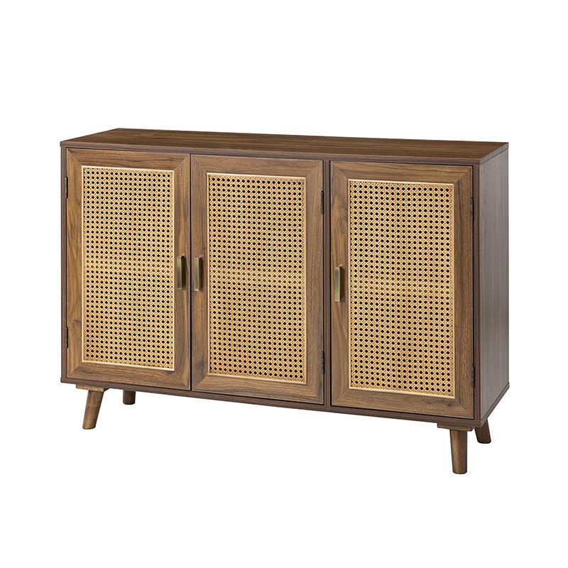 Armoire d'appoint en rotin 3 portes avec 4 étagères intérieures, poignées en métal rétro et pieds en bois massif | Noyer / Noir / Espresso | Unique