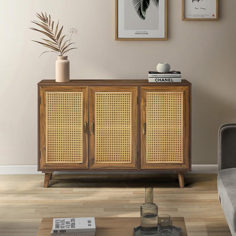 Armoire d'appoint en rotin 3 portes avec 4 étagères intérieures, poignées en métal rétro et pieds en bois massif | Noyer / Noir / Espresso | Unique