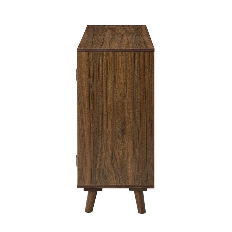 Armoire d'appoint en rotin 3 portes avec 4 étagères intérieures, poignées en métal rétro et pieds en bois massif | Noyer / Noir / Espresso | Unique