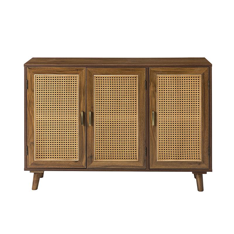 Armoire d'appoint en rotin 3 portes avec 4 étagères intérieures, poignées en métal rétro et pieds en bois massif | Noyer / Noir / Espresso | Unique