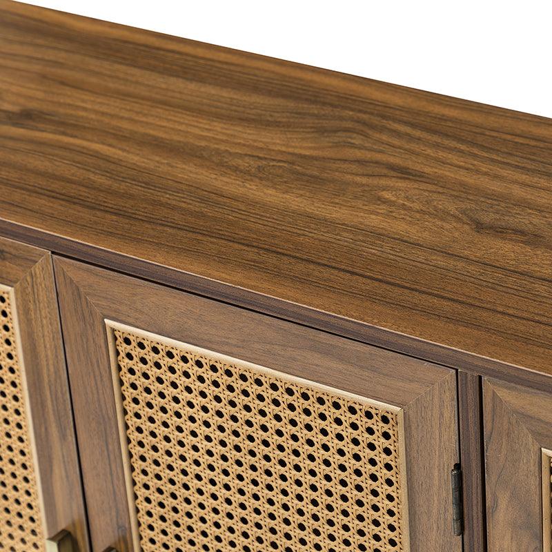 Armoire d'appoint en rotin 3 portes avec 4 étagères intérieures, poignées en métal rétro et pieds en bois massif | Noyer / Noir / Espresso | Unique