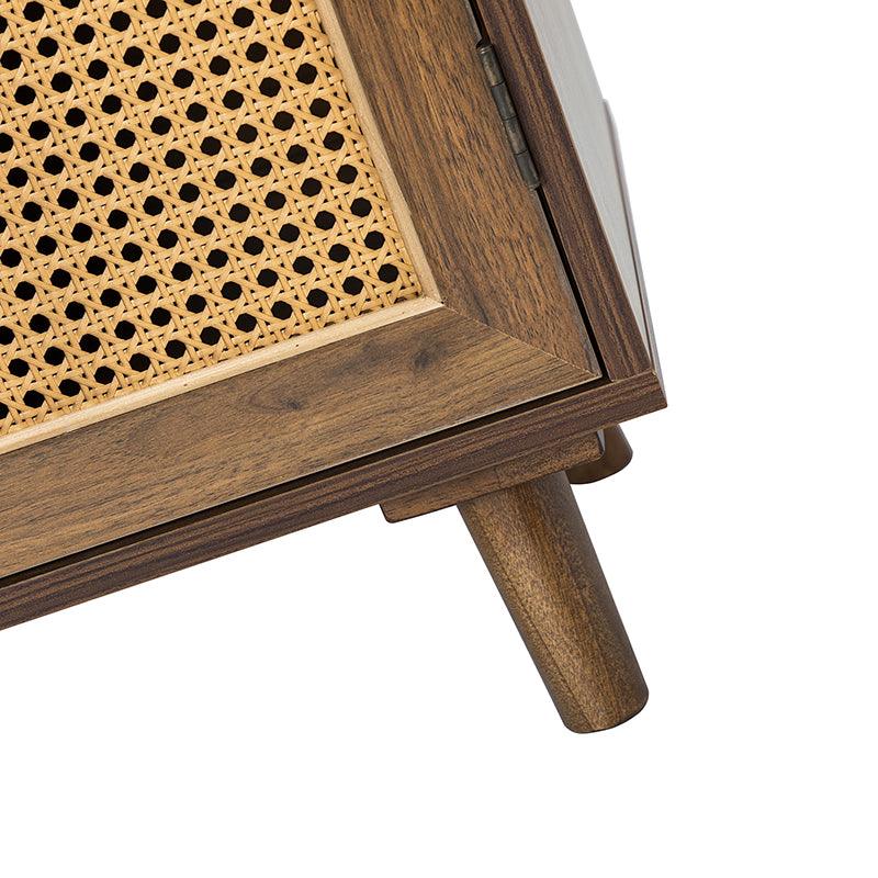 Armoire d'appoint en rotin 3 portes avec 4 étagères intérieures, poignées en métal rétro et pieds en bois massif | Noyer / Noir / Espresso | Unique