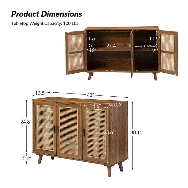 Armoire d'appoint en rotin 3 portes avec 4 étagères intérieures, poignées en métal rétro et pieds en bois massif | Noyer / Noir / Espresso | Unique