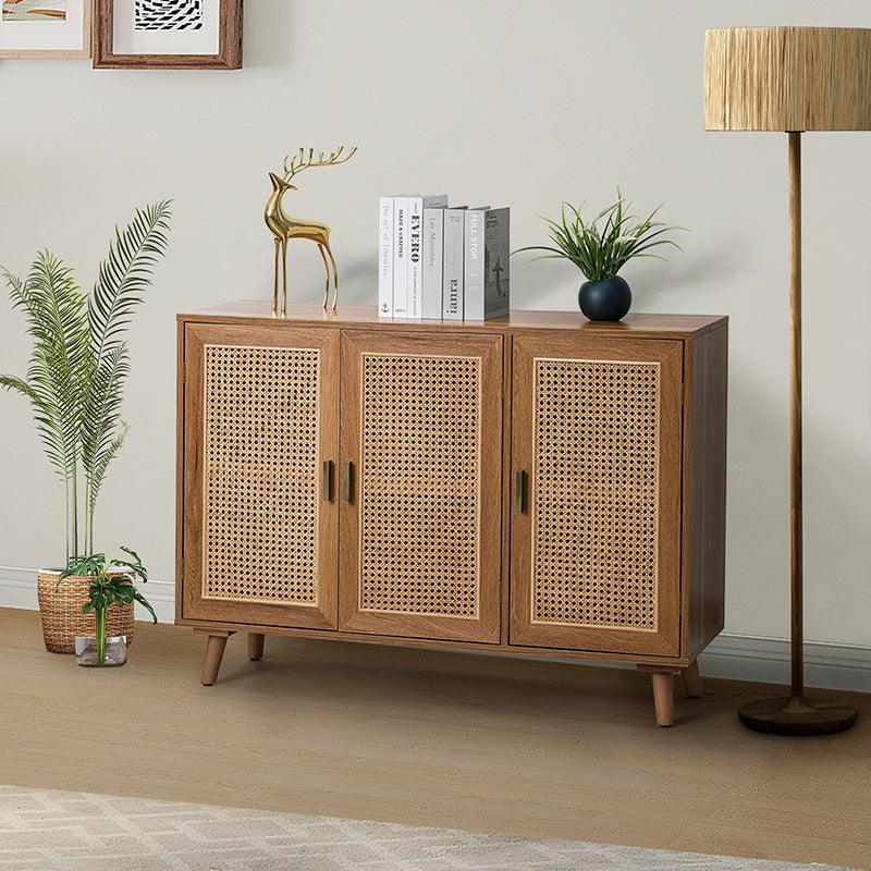 Armoire d'appoint en rotin 3 portes avec 4 étagères intérieures, poignées en métal rétro et pieds en bois massif | Noyer / Noir / Espresso | Unique