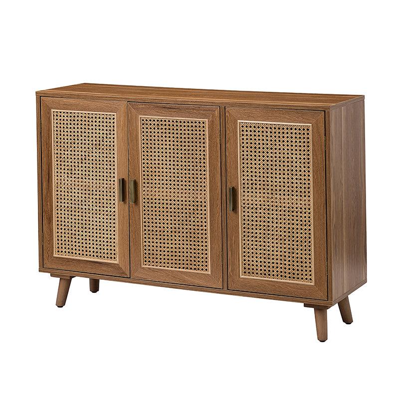 Armoire d'appoint en rotin 3 portes avec 4 étagères intérieures, poignées en métal rétro et pieds en bois massif | Noyer / Noir / Espresso | Unique