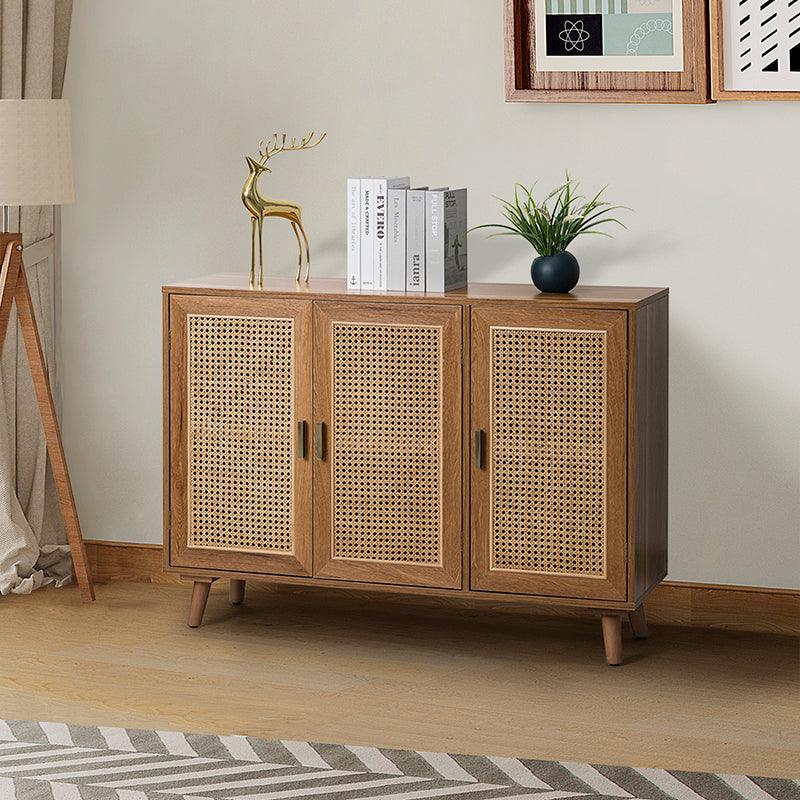 Armoire d'appoint en rotin 3 portes avec 4 étagères intérieures, poignées en métal rétro et pieds en bois massif | Noyer / Noir / Espresso | Unique
