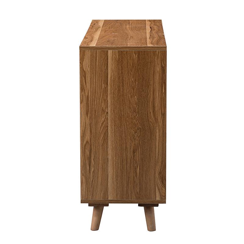 Armoire d'appoint en rotin 3 portes avec 4 étagères intérieures, poignées en métal rétro et pieds en bois massif | Noyer / Noir / Espresso | Unique