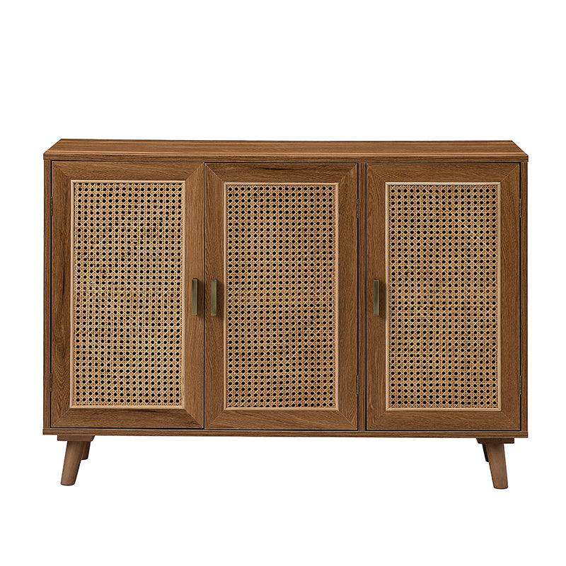 Armoire d'appoint en rotin 3 portes avec 4 étagères intérieures, poignées en métal rétro et pieds en bois massif | Noyer / Noir / Espresso | Unique