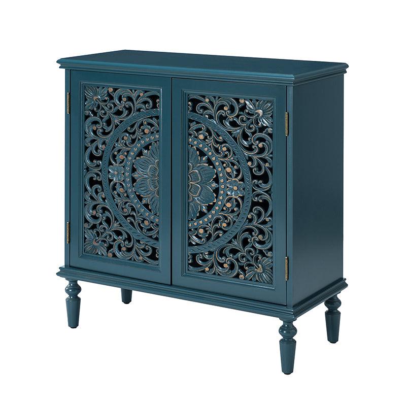 Meuble d'appoint 2 portes avec portes à motifs floraux sculptés, étagère intérieure fixe et pieds tournés en bois massif | Bleu / Gris / Blanc | Unique