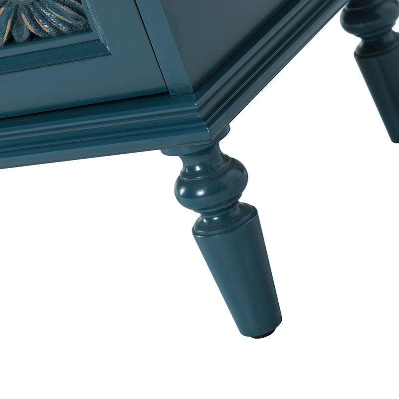 Meuble d'appoint 2 portes avec portes à motifs floraux sculptés, étagère intérieure fixe et pieds tournés en bois massif | Bleu / Gris / Blanc | Unique