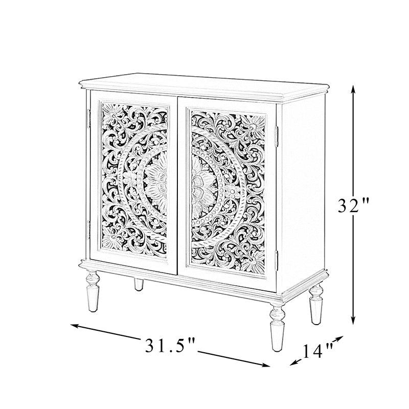 Meuble d'appoint 2 portes avec portes à motifs floraux sculptés, étagère intérieure fixe et pieds tournés en bois massif | Bleu / Gris / Blanc | Unique