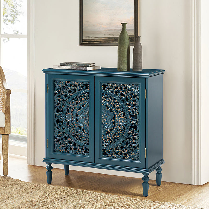 Meuble d'appoint 2 portes avec portes à motifs floraux sculptés, étagère intérieure fixe et pieds tournés en bois massif | Bleu / Gris / Blanc | Unique
