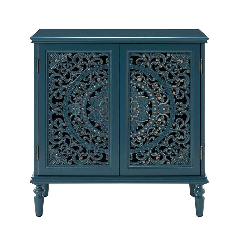 Meuble d'appoint 2 portes avec portes à motifs floraux sculptés, étagère intérieure fixe et pieds tournés en bois massif | Bleu / Gris / Blanc | Unique