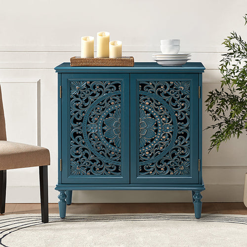 Meuble d'appoint 2 portes avec portes à motifs floraux sculptés, étagère intérieure fixe et pieds tournés en bois massif | Bleu / Gris / Blanc | Unique